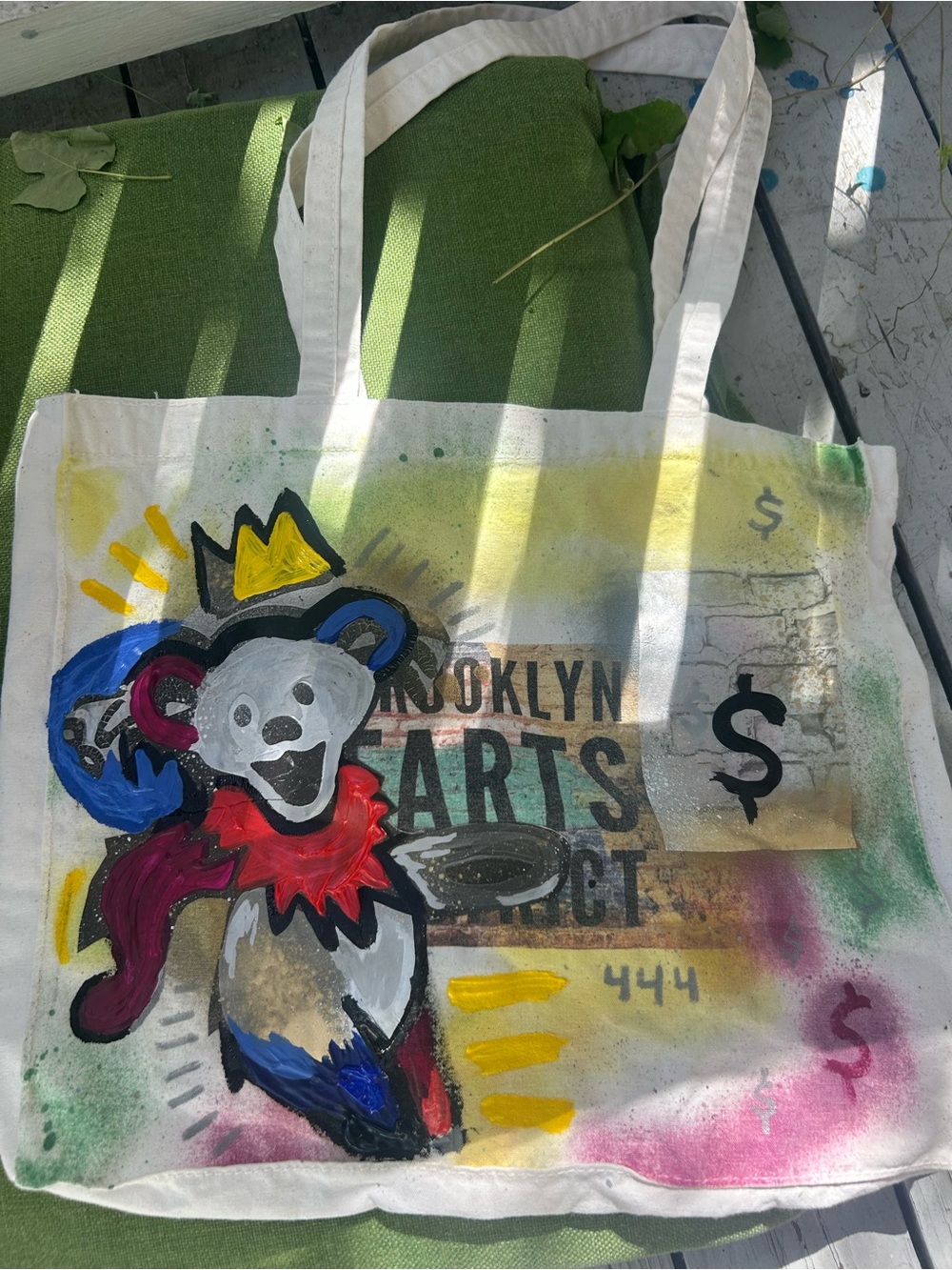 Hand-Painted White Canvas Tote Bag with Multicolor Pop-Art Grateful Dead Bear